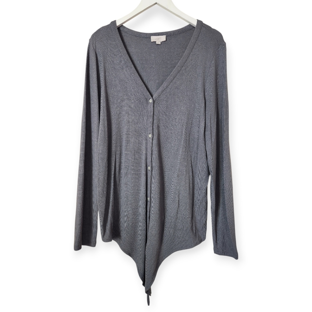 LOFT Career Minimalist Cardigan Gray Long Sleeves V Neck Tie Front Sweater L